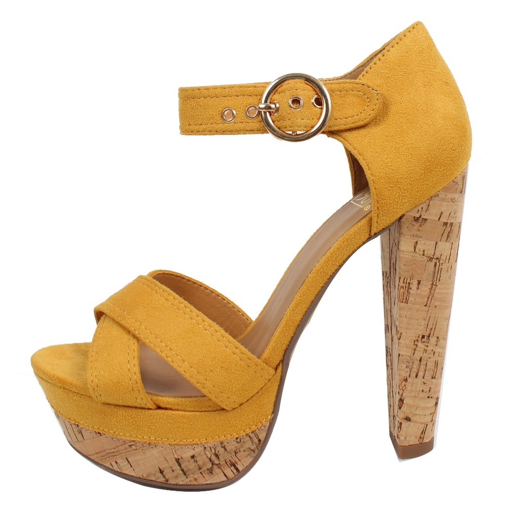 Size 8 Mustard Faux Suede Cork Platform Heel Sanda - Picture 2 of 5